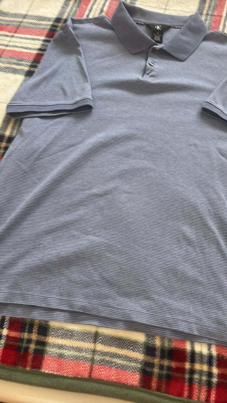 Calvin Klein Size M Blue Striped Short Sleeve Polo Shirt 100% Cotton